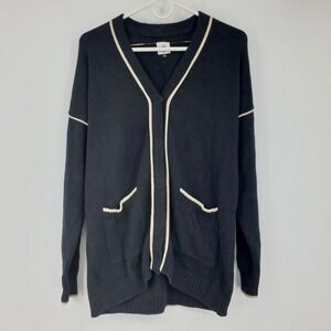 Cabi Black Cream Trimmed V-Neck Snap Comfort Cardigan Sweater Medium